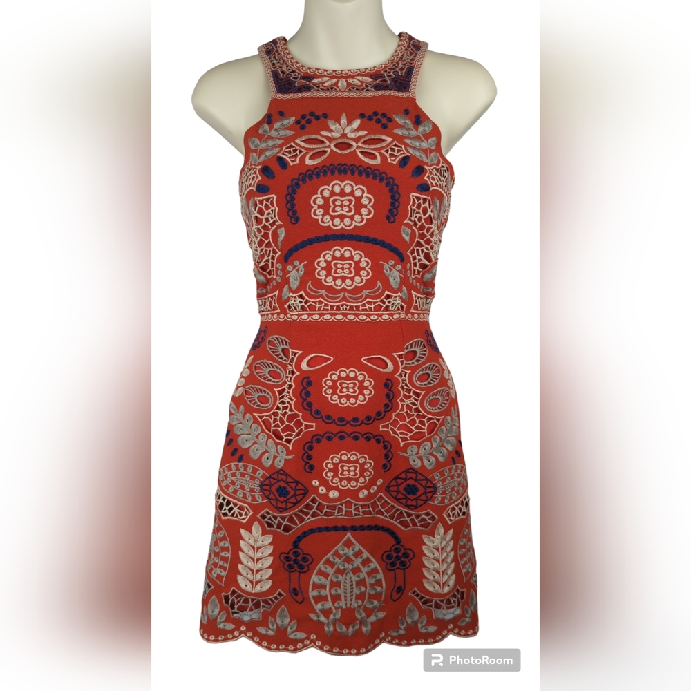 J.O.A. red embroidered dress high neck scalloped hem anthropologie 0 2 XS